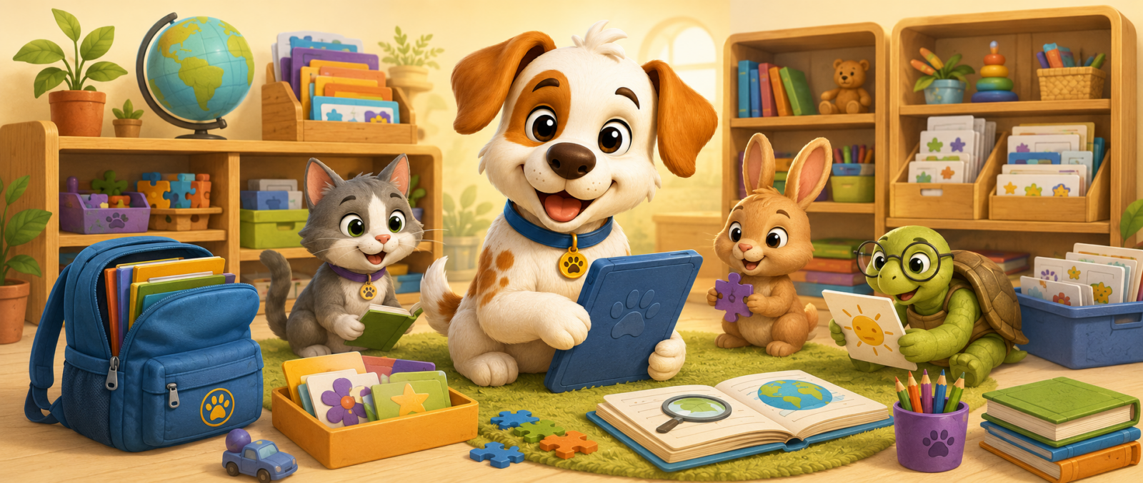Theo, o cachorrinho branco e caramelo, na Biblioteca do Mundo do Theo, em um espaço lúdico com livros, materiais educativos e clima acolhedor.
