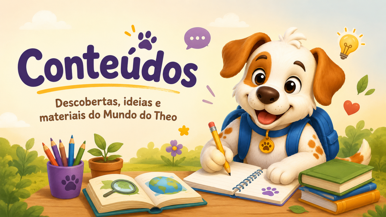 Theo escrevendo em um caderno, ao lado de livros e materiais educativos, representando a página de conteúdos do Mundo do Theo.
