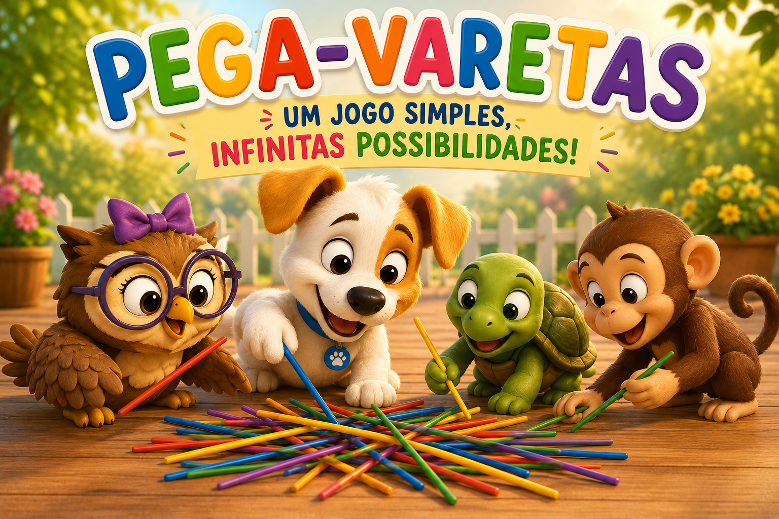 Theo e seus amigos brincando de pega-varetas coloridas