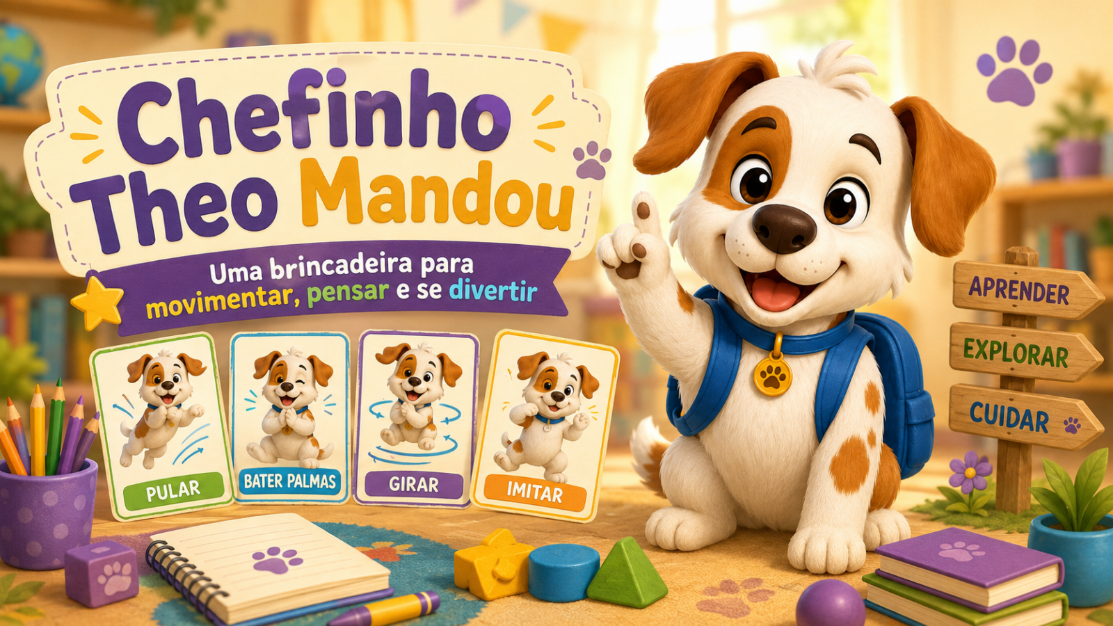 Theo, o cachorro caramelo, apresentando a brincadeira Chefinho Theo Mandou