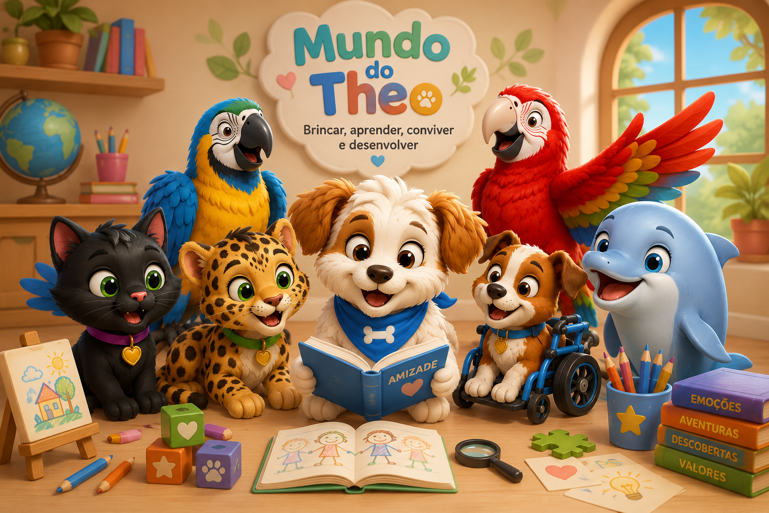 Theo e seus amigos em uma ilustração acolhedora do Mundo do Theo, com livros, atividades lúdicas e elementos educativos.