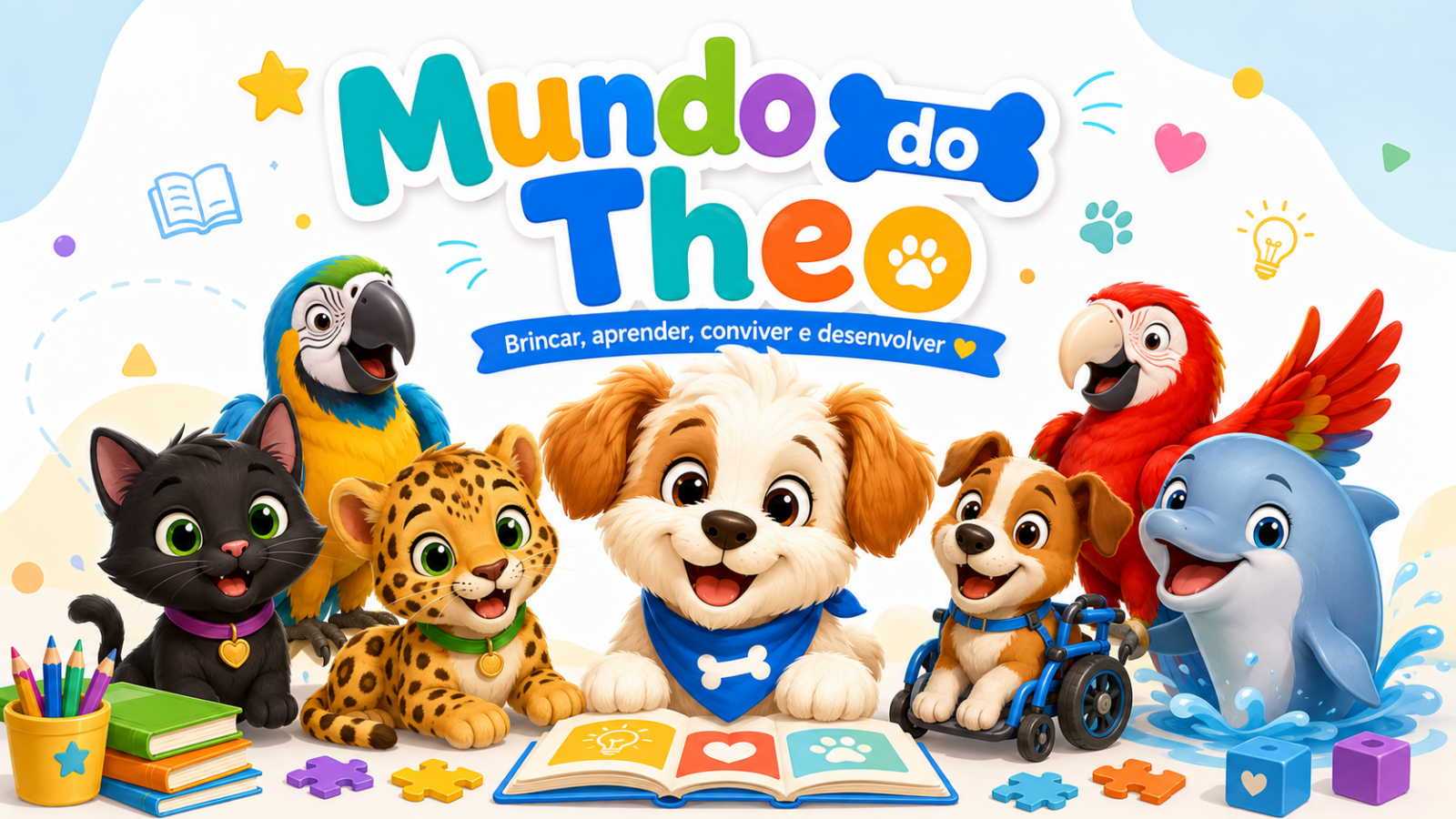 Ilustração do Mundo do Theo com Theo e seus amigos em um cenário alegre, colorido e educativo.